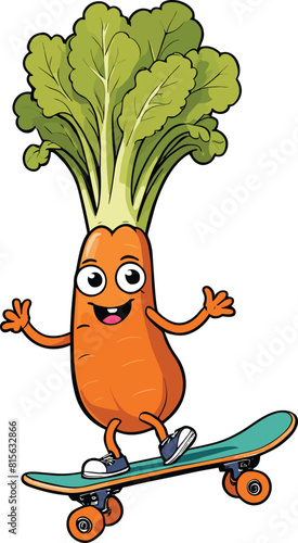 Vector of a carrot with a happy face on a skateboard