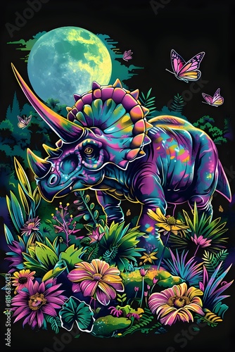 Radiant Jurassic Triceratops Grazing in a Psychedelic Meadow under the Glowing Moon