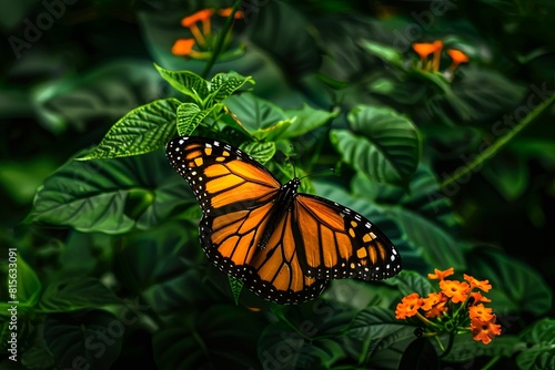 monarch butterfly flying around around lush green plants and flowers photo