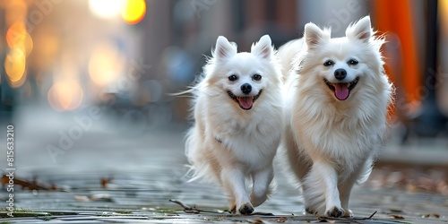 Two American Eskimo dogs stroll through downtown Columbus with their fluffy coats. Concept American Eskimo Dogs, Downtown Columbus, Fluffy Coats, Dog Walk, Urban Adventure photo