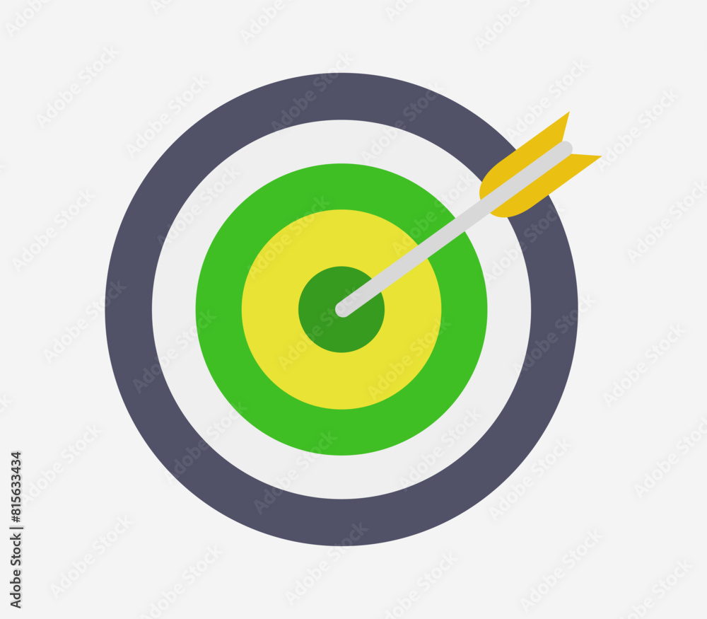 Digital illustration of an archery target, featuring a bullseye with an arrow embedded in the center Digital illustration of an archery target, featuring a bullseye with an arrow embedded in the center