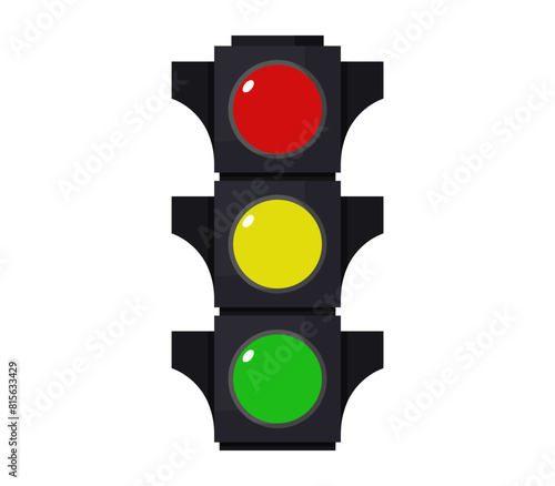 Digital illustration of a red, yellow, and green traffic signal on a white background