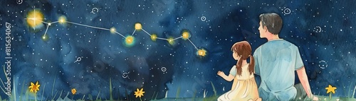 Father and daughter star gazing, watercolor, magical summer night, learning constellations photo