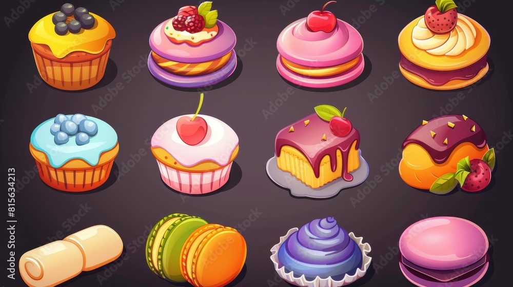 A set of cartoon 2D graphics elements, pastry, cupcakes, macaroons, rolls with toppings, chocolate, berries, and fruits isolated on a white background. A set of cartoon 2D graphics elements, pastry, cupcakes, macaroons, rolls with toppings, chocolate, berries, and fruits isolated on a white background.