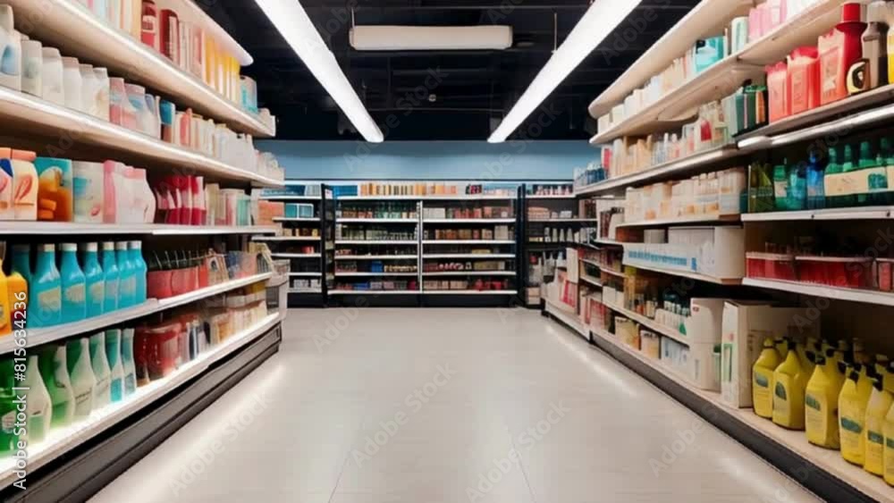 Aisle in Supermarket with Shelves Stocked with Different Products Aisle in Supermarket with Shelves Stocked with Different Products