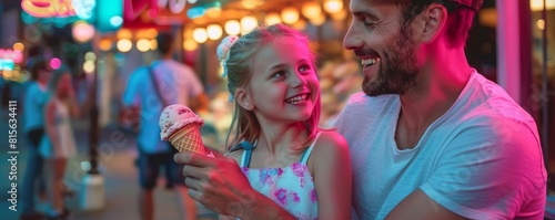Fatherdaughter ice cream outing, neon, sweet treats, colorful downtown photo