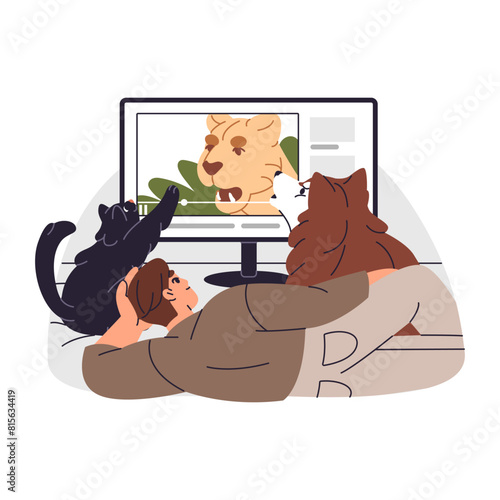 Owner and his pets watching TV together. Cute cat plays with display. Fluffy dog, siberian husky howls at funny video. Happy man relax with domestic animals. Flat isolated vector illustration on white