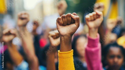 Showcase the power of unity and solidarity by capturing a group of people raising their fists in solidarity at a Juneteenth rally. 