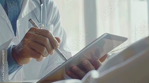 doctor using a tablet computer and taking notes while sitting with a patient in the clinic