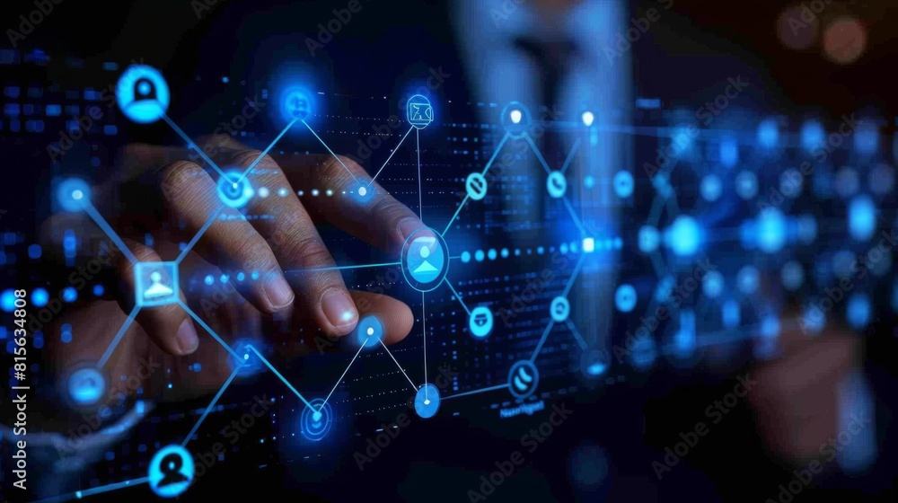 Digital Market Navigator Illustrate a businessman using a futuristic computer interface to analyze social media trends and stock market performance Digital Market Navigator Illustrate a businessman using a futuristic computer interface to analyze social media trends and stock market performance