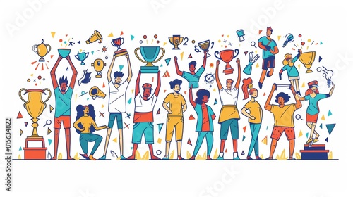 A collection of flat modern images depicting happy people with trophy cups, winners with awards for accomplishments in sports and business. The flat illustrations celebrate victory, competition,