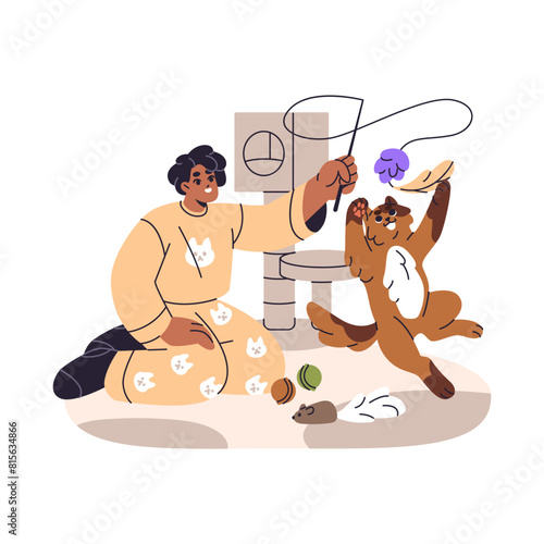 Cute kid plays with feather teaser stick with cat indoors. Happy girl in pajamas has fun with her playful kitten. Amusing kitty jumps to toy. Flat isolated vector illustration on white background
