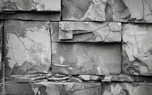 Monochrome image of a stone wall constructed with rectangular slates showing cracks and textures..