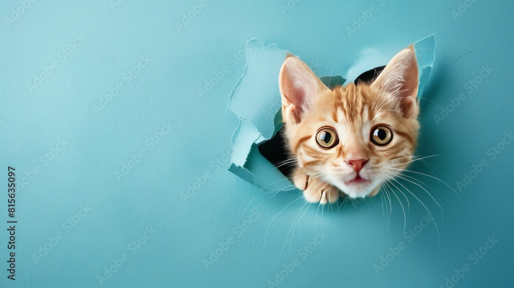 Cute Kitten Head Peeking Through Hole in Paper Wall