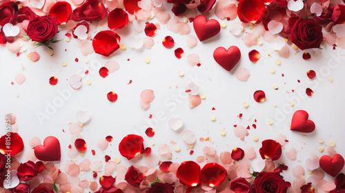 Red and pink flower petals and Hearts banner background image with copy space 16:9