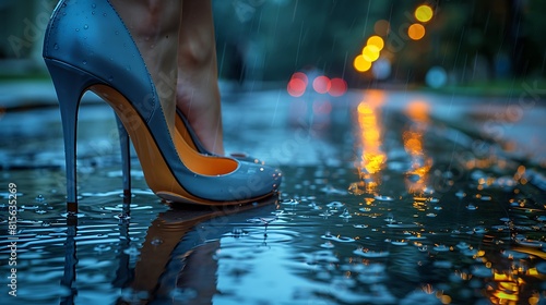 Glossy patent leather pumps, caught in the reflection of a rain-slicked pavement, symbolizing the timeless allure of urban chic and sophistication. photo