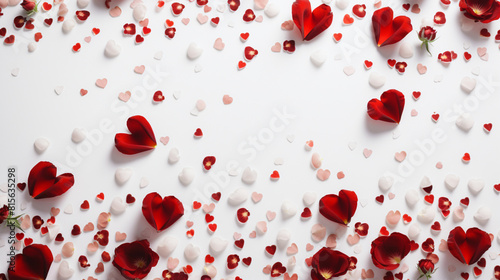 Wedding background banner, red rose petals on white background with copy space -16:9