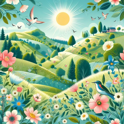 Sunny summer landscape with sun, green trees and birds