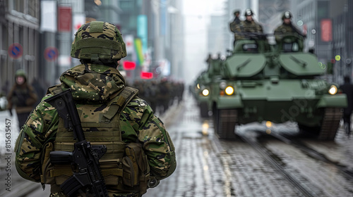 Military parade with armed soldier and armored vehicles in urban setting
