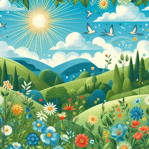 Sunny summer landscape with sun, green trees and birds