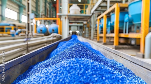 Industrial conveyor belt with blue plastic granules in factory setting