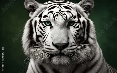 Majestic white tiger on a dark green background.