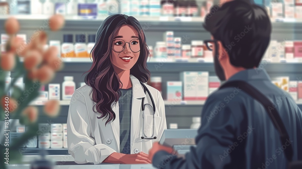 Depict a pharmacist assisting a customer with over-the-counter medication recommendations Depict a pharmacist assisting a customer with over-the-counter medication recommendations