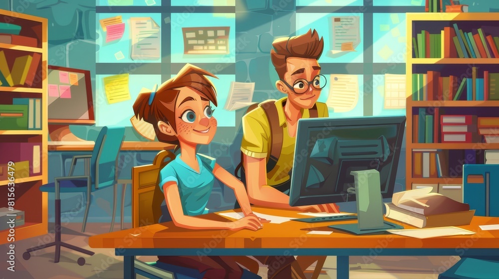 A teacher and student are in a computer classroom in a school or college. The student is telling the lesson to a private tutor at an interactive monitor or screen with schemes, cartoon illustration. A teacher and student are in a computer classroom in a school or college. The student is telling the lesson to a private tutor at an interactive monitor or screen with schemes, cartoon illustration.