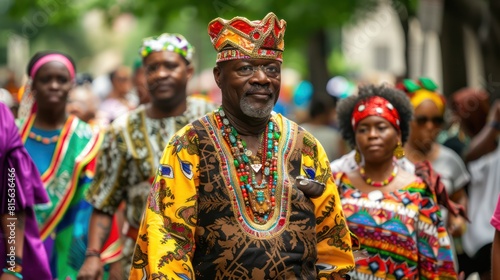 Highlight the cultural pride of Juneteenth by featuring an image of individuals dressed in traditional African attire, participating in a parade.  © kimly