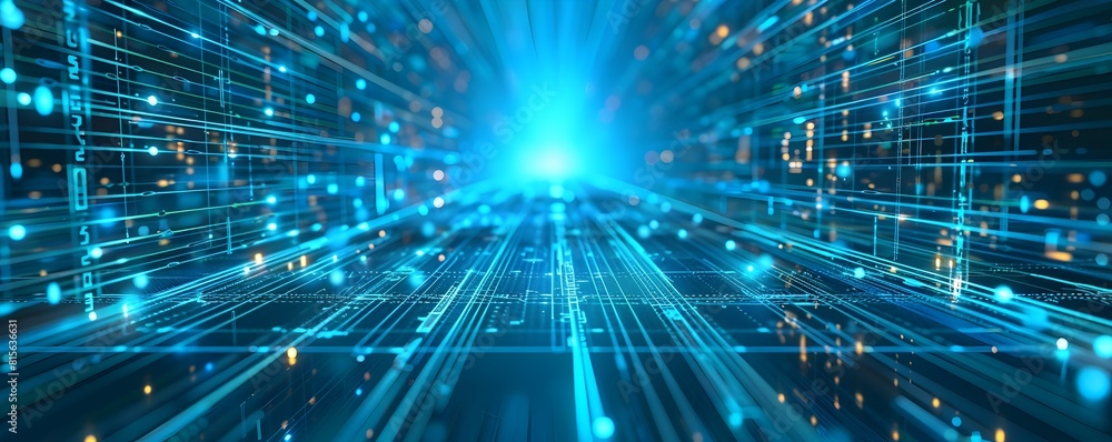 Obraz premium Digital futuristic technology abstract banner background illuminated by vibrant neon lights, forming a dynamic and interconnected network of systems