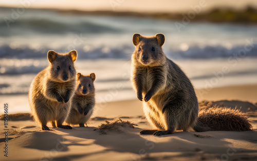Family of quokkas enjoying a sunny day on a Western Australian beach