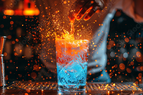 A bartender preparing a multicolored cocktail.