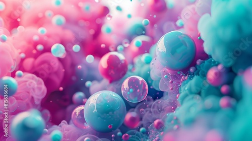 Abstract art with 3D spheres in blue, turquoise, and pink.