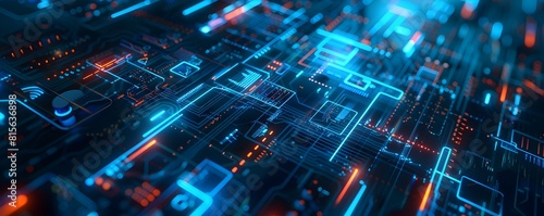 Wallpaper Mural A captivating futuristic digital technology abstract background dominated by a brilliant blue hue, adorned with intricate neon lines, geometric patterns and Electronic circuit board lines Torontodigital.ca