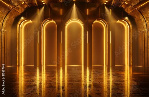 Elegant Stage Design with Golden Arch Lighting. Generative ai