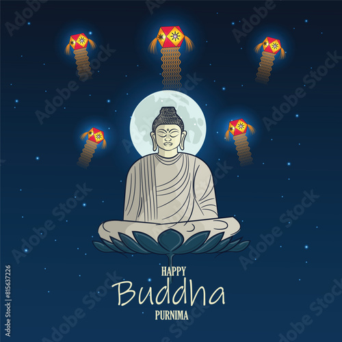 Gautama Buddha meditating on a louts. Vesak day. Buddha Jayanti Bodhi Purnima. 
