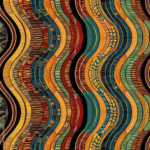 Colorful abstract seamless pattern with wavy lines and tribal-inspired elements in warm tones