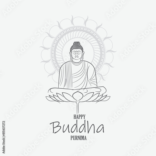 Gautama buddha sitting on a lotus with divine chakra behind. Line art of Vesak day. 