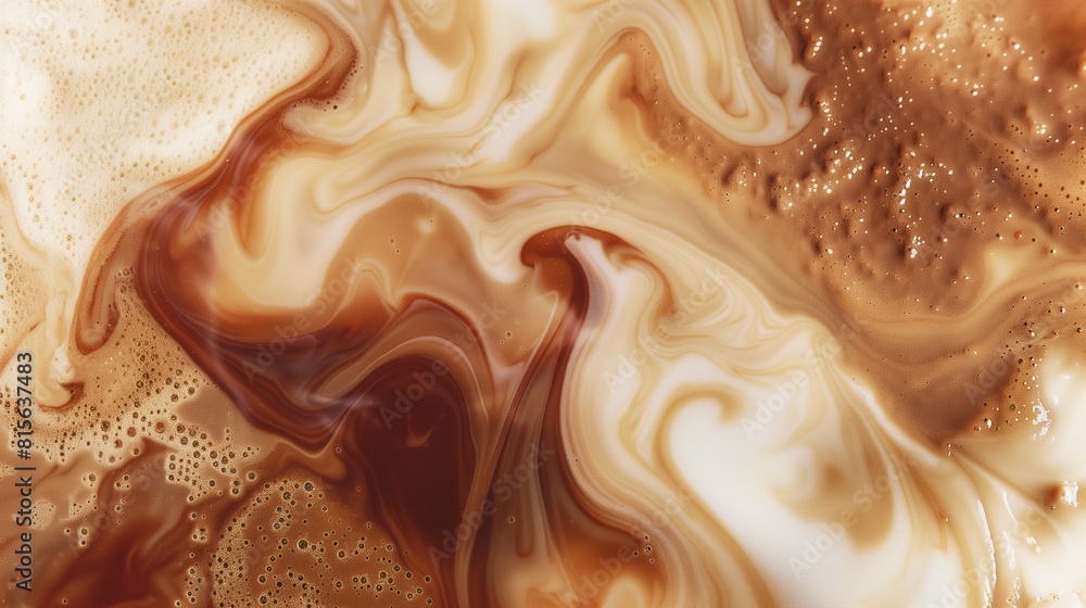 Swirling patterns of coffee and cream mixing together, creating an abstract creamy texture Swirling patterns of coffee and cream mixing together, creating an abstract creamy texture