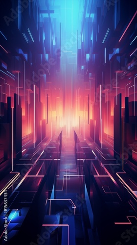 Futuristic background with cityscape in neon blue and red hues, with abstract geometric shapes and glowing horizon