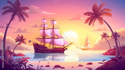 Seascape with wood ship with white sails and tropical island with palm trees at sunrise. Ancient frigate at morning sea. Cartoon modern illustration of a landscape with nature.