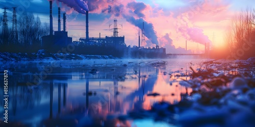Chemical Plant's Toxic Pollution: Impact on Water and Soil. Concept Environmental Pollution, Contamination Effects, Industrial Waste, Soil Contamination, Water Quality photo