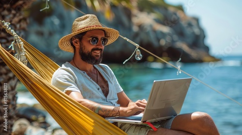 Freelancer working from a hammock with a solarpowered laptop, relaxed and ecoefficient photo