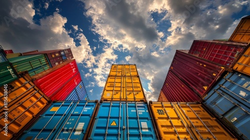 Monumental Cargo: Low Angle View of Towering Colorful Shipping Containers Against Dramatic Sky