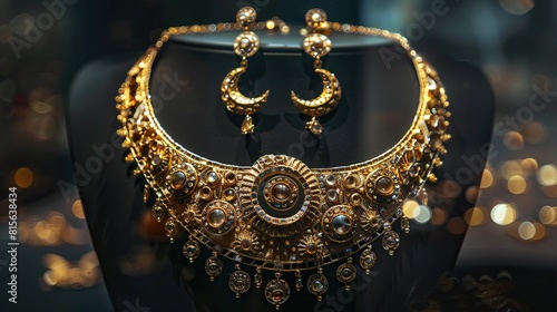 A gold-colored necklace and earring set with crescent moons and circular patterns.