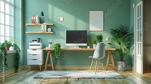 Home office set up with recycled furniture and energysaving devices  minimalist and green  digital illustration