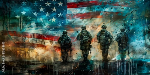 Soldiers in front of American flag military art capturing Memorial Day. Concept Memorial Day Tribute, American Soldiers, Military Art, Patriotism, American Flag