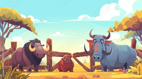 A zoo park banner with elephants, buffaloes, hippos and rhinoceros at wooden gates. Wild savannah inhabitants on a landscape of a national park, life in nature Cartoon modern illustration.