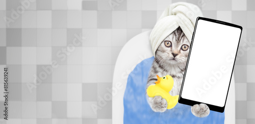 Cute kitten with towel on it head takes the bath with rubber duck at home and shows big smartphone with white blank screen in it paw. Top down view. Empty space for text