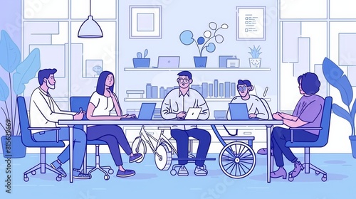 Disputes  meetings  and communication at the desk between business people and disabled colleagues  Linear flat modern illustration showing a team collaboration.